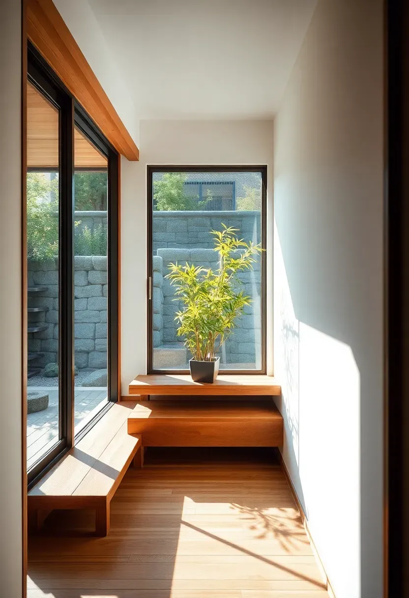 Hyper-realistic side view of engawa transitional space in Japanese tiny house. Narrow wooden corridor (3 feet wide) running along glass wall with sliding doors opening to small garden. Engawa features raised wooden platform, low window seat, bamboo plant in container. Materials: natural wood floorboards, floor-to-ceiling glass, white walls, stone garden beyond. Bright natural daylight from garden, creating long shadows and strong indoor-outdoor connection. Shallow depth of field showing wood grain and plant details. Serene Japanese indoor-outdoor living mood.</p>
