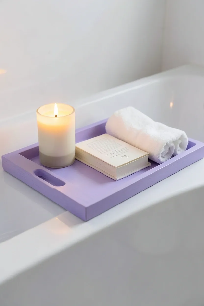 Lavender painted wooden bathtub tray with candle, rolled washcloths, and a small plant resting across a white freestanding bathtub