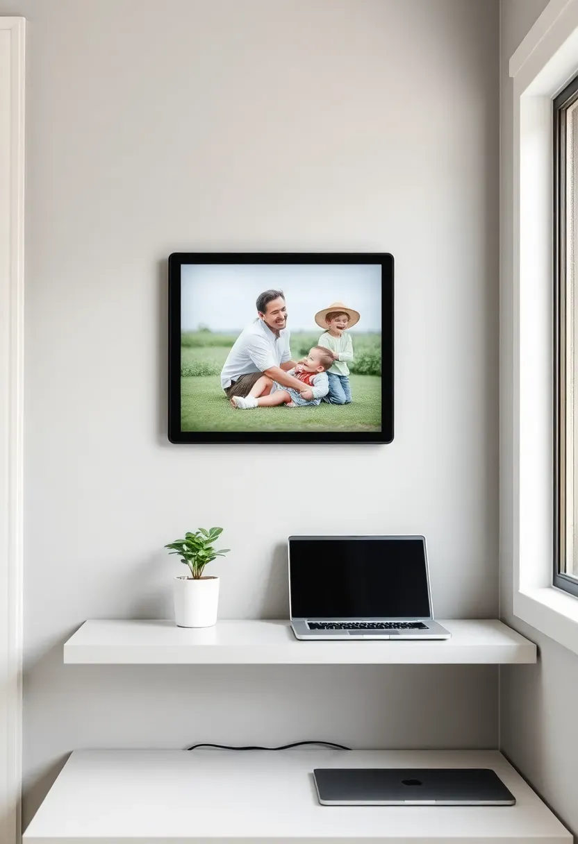 Hyper-realistic 3/4 view of tiny house workspace nook showing wall-mounted digital photo frame displaying family photos, small laptop, tablet, no physical paper files. Materials: black digital frame, brushed aluminum devices, light grey wall. Soft ambient window light. Minimal floating shelf below with small potted plant. Clean wire-free desk surface with only essential tech. Visible absence of paper clutter. Shallow depth of field, sharp focus on digital display. No text, no logos, no watermarks.</p>