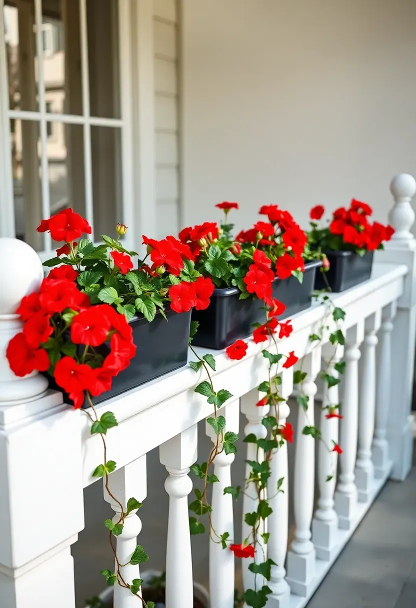 White porch railing with black metal planter boxes filled with red geraniums and trailing ivy