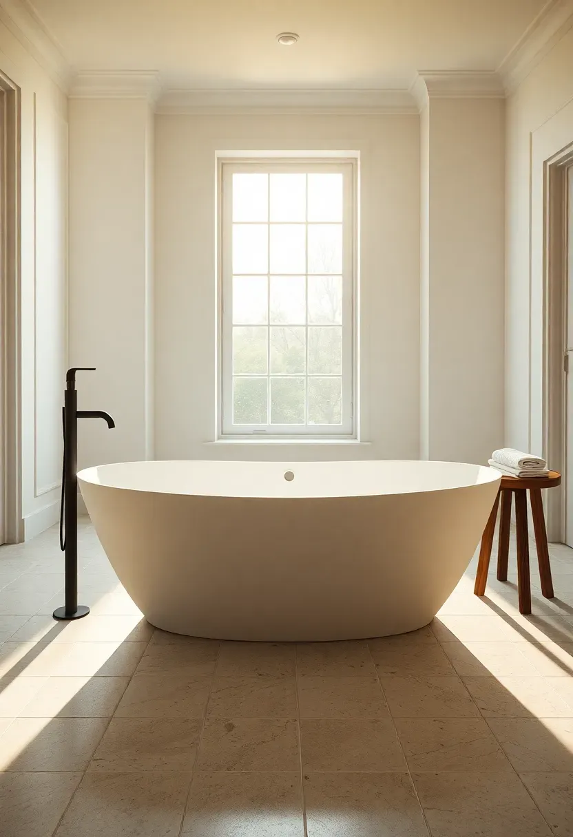 Spacious bathroom with a freestanding oval tub centered in the room as the focal point