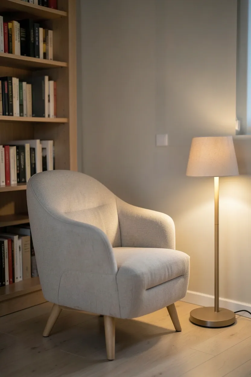 Mid-century inspired armchair in cream fabric beside a tall narrow book tower with color-organized books and a thin floor lamp — minimalist bedroom reading nook