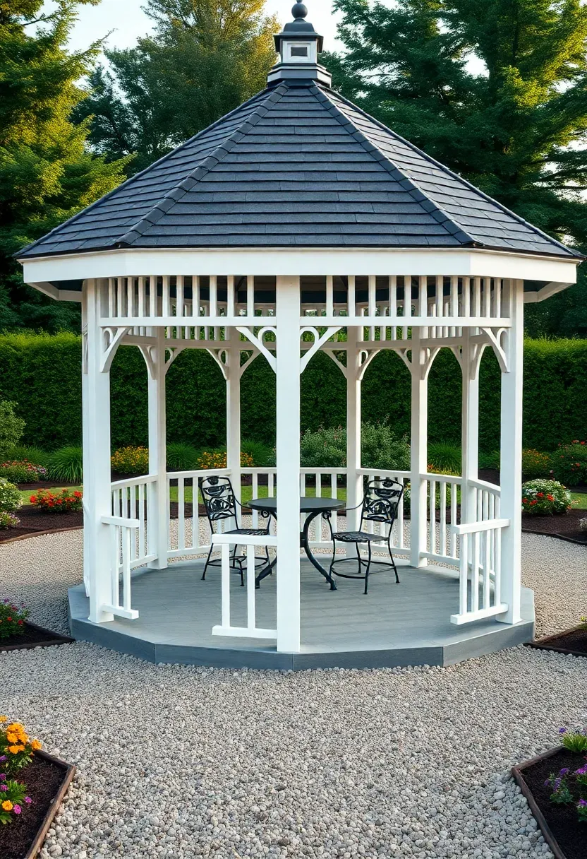 A classic hexagonal gazebo with white painted railings and a shingled roof in the center of a formal garden with gravel paths radiating outward and perennial borders