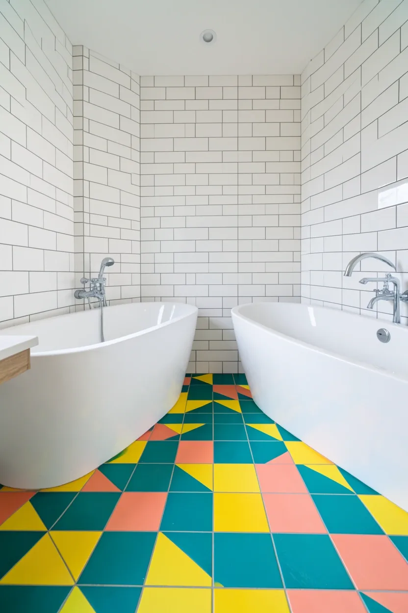 Hyper-realistic eye-level photograph of a modern colorful bathroom floor showing multi-color geometric tile pattern with teal, yellow, and coral squares in checkerboard layout, white subway tile walls with white grout, white freestanding tub, chrome fixtures. Natural light. Materials: teal, yellow, and coral ceramic tiles, white grout, white ceramic tiles, porcelain tub, chrome fixtures. Vibrant multi-color tile pattern. Dynamic geometric design. Clean modern aesthetic. No text, no logos, no watermarks.