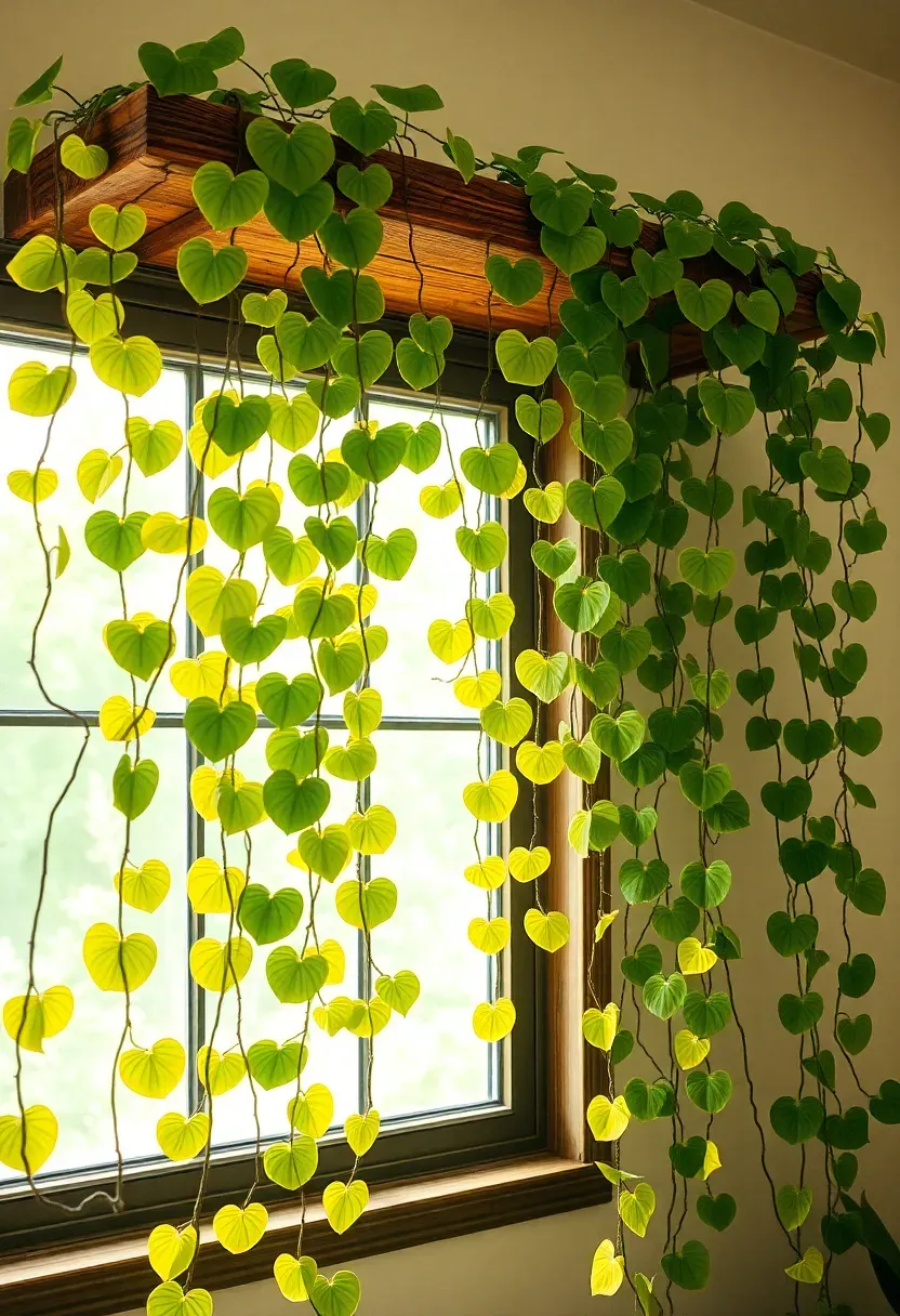 Long trailing golden pothos vines cascading from a high shelf across a sunroom window creating a natural green curtain with soft diffused light