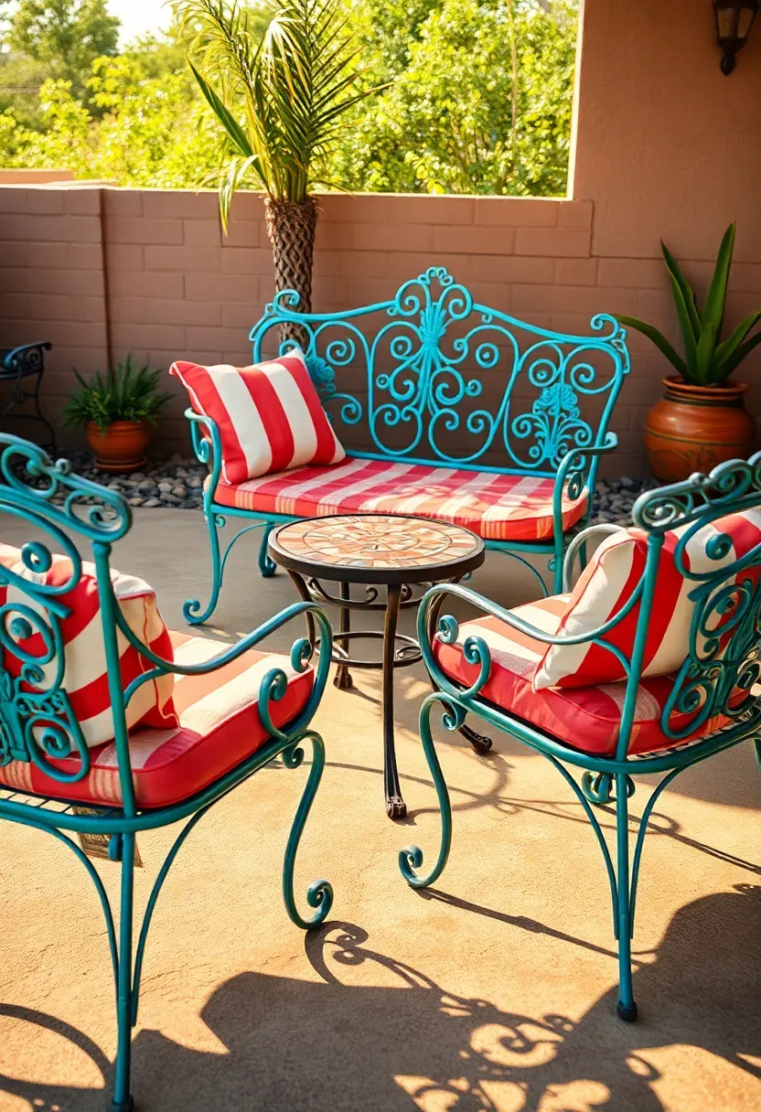 Refreshed thrift store patio furniture painted in bright turquoise and coral with new outdoor cushions on an Arizona backyard patio