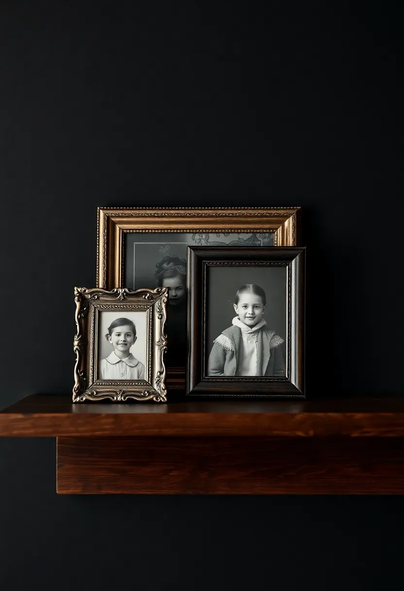 black and white family portrait photographs in antique frames on a dark shelf