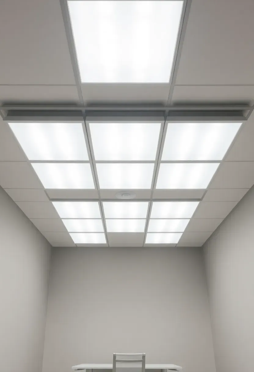 Windowless basement office ceiling covered in flat LED panels emitting daylight-balanced light