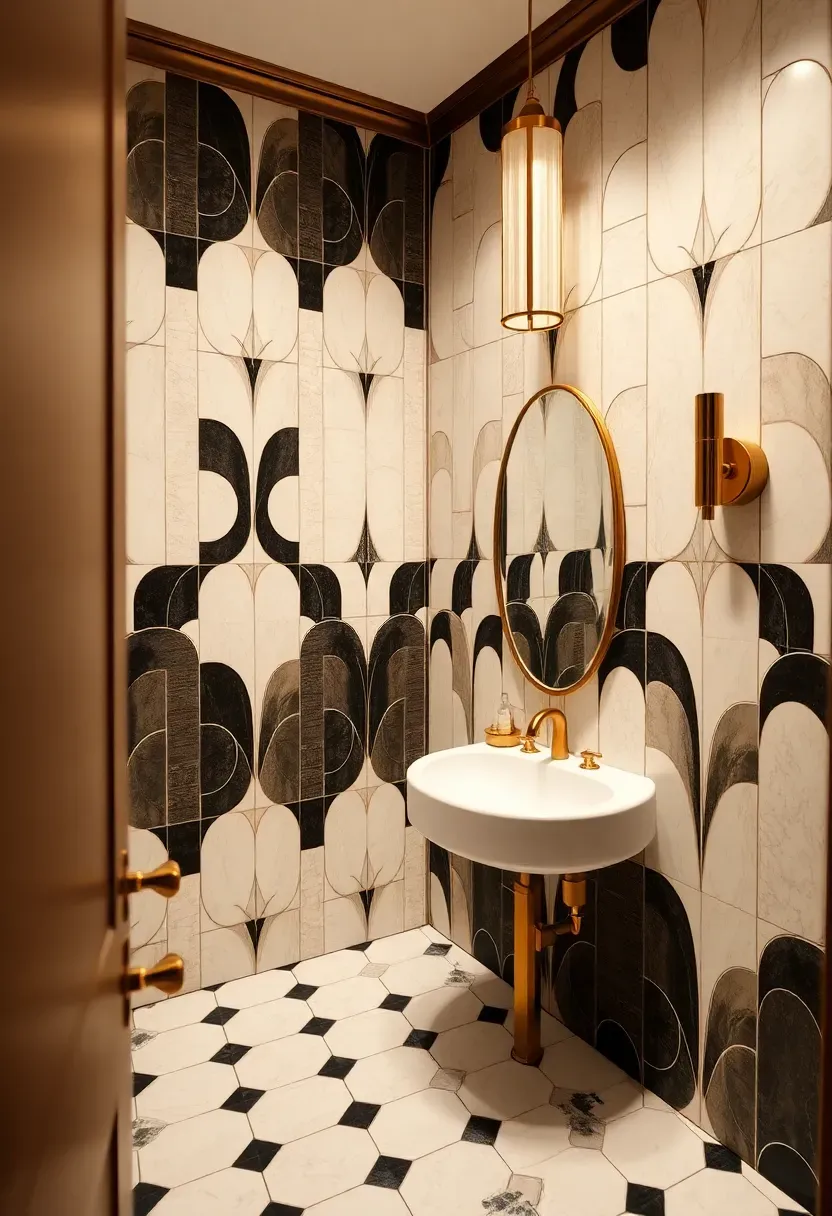 Art Deco geometric tile floor and wall pattern in black, white, and gold in a glamorous powder room with chrome fixtures and pedestal sink