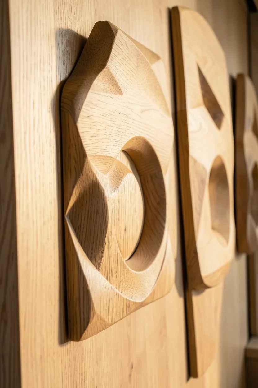 Sculptural light oak wooden wall art pieces adding natural warmth and texture to a beige Scandinavian living room wall