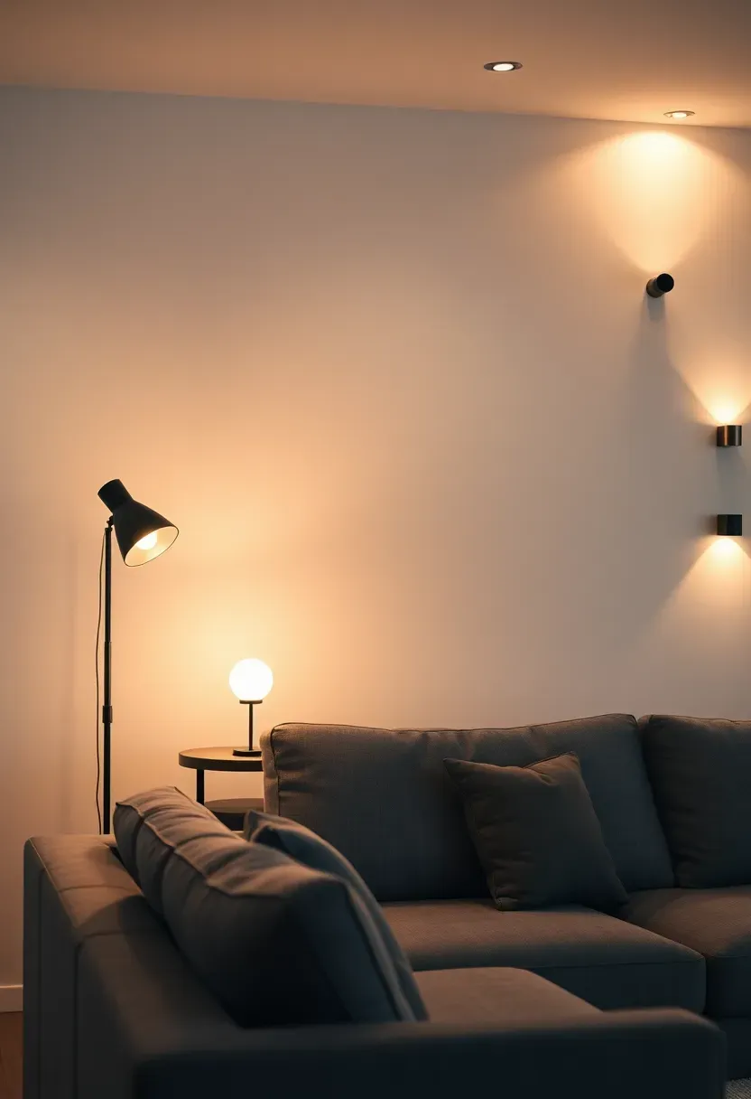 Hyper-realistic evening view of minimalist living room with lighting at multiple levels — floor lamp in corner, table lamp on side table, wall sconces, recessed ceiling lights, creating warm layered illumination, gray sofa, white walls. Materials: various light fixtures in black metal finishes, warm LED bulbs. Cozy illuminated mood, ambient task accent lighting, shallow depth of field, no text, no logos.</p>