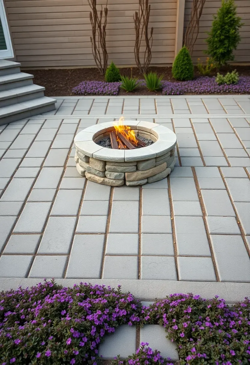 Square paver patio with a central fire pit and creeping thyme growing between the paver joints