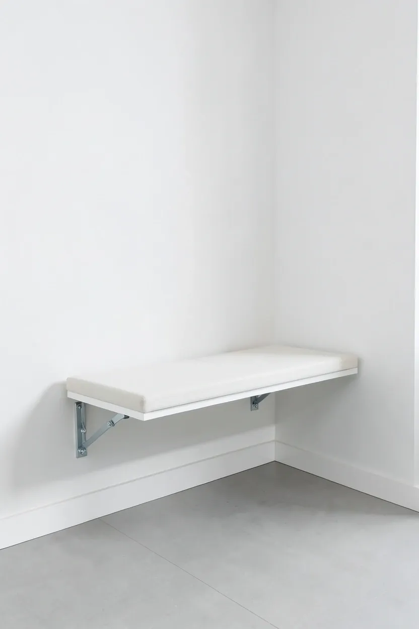 Wall-mounted fold-down bench in deployed position showing integrated storage compartments below, space-saving gym solution