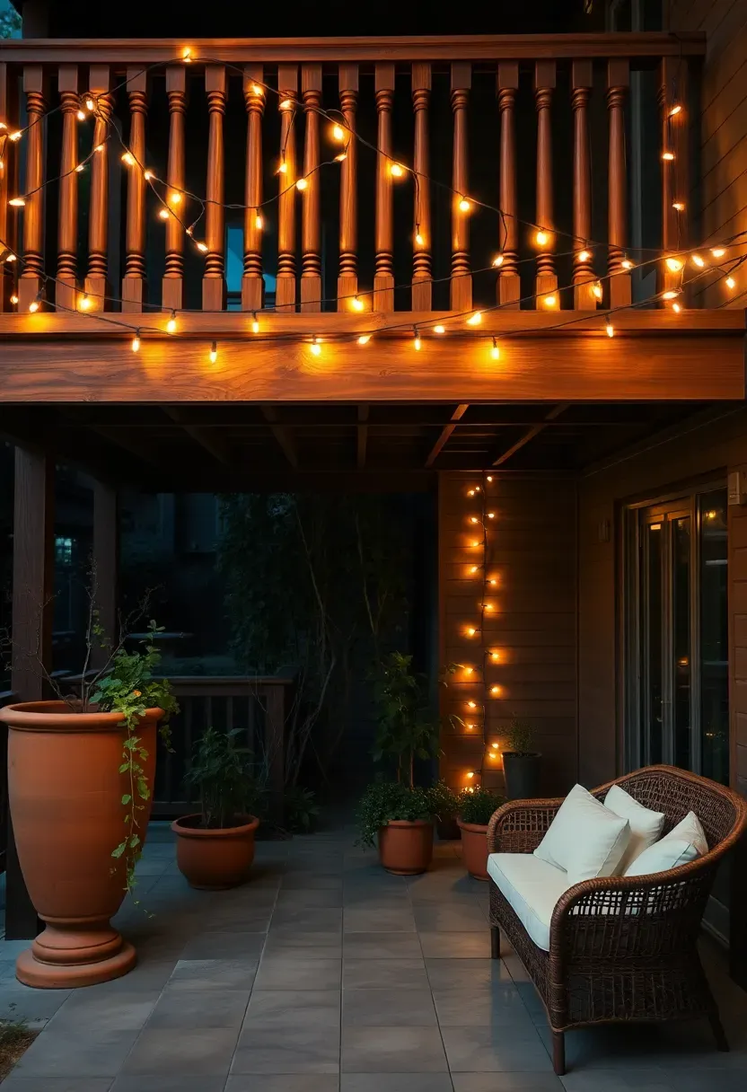 Multiple strands of string lights cascading down from a second-floor balcony railing to ground-level patio planters creating a waterfall effect at night