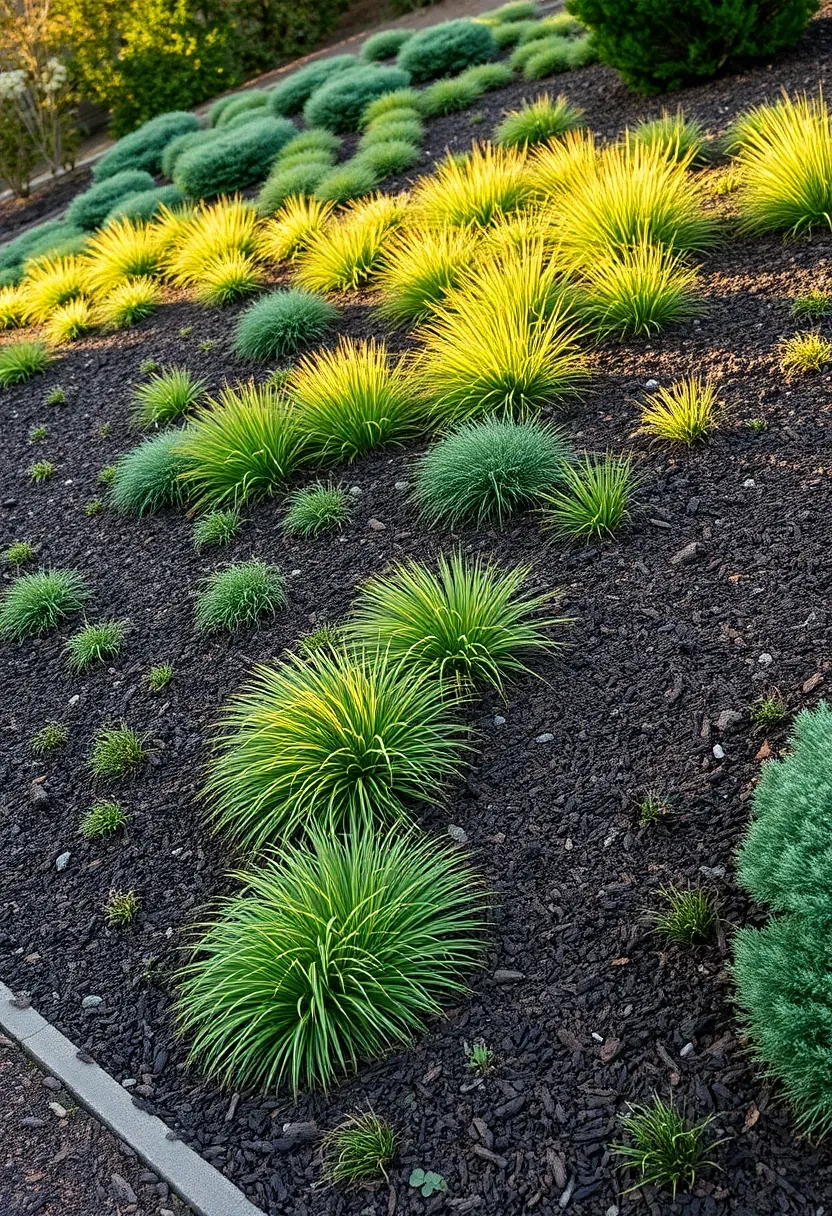 Hillside backyard planting with terraced groundcovers, ornamental grasses, and low shrubs stabilizing a gentle slope with a mulch path cutting across