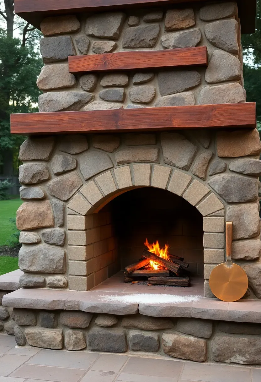 A large fieldstone outdoor fireplace with a built-in pizza oven compartment above the firebox in a rustic backyard setting