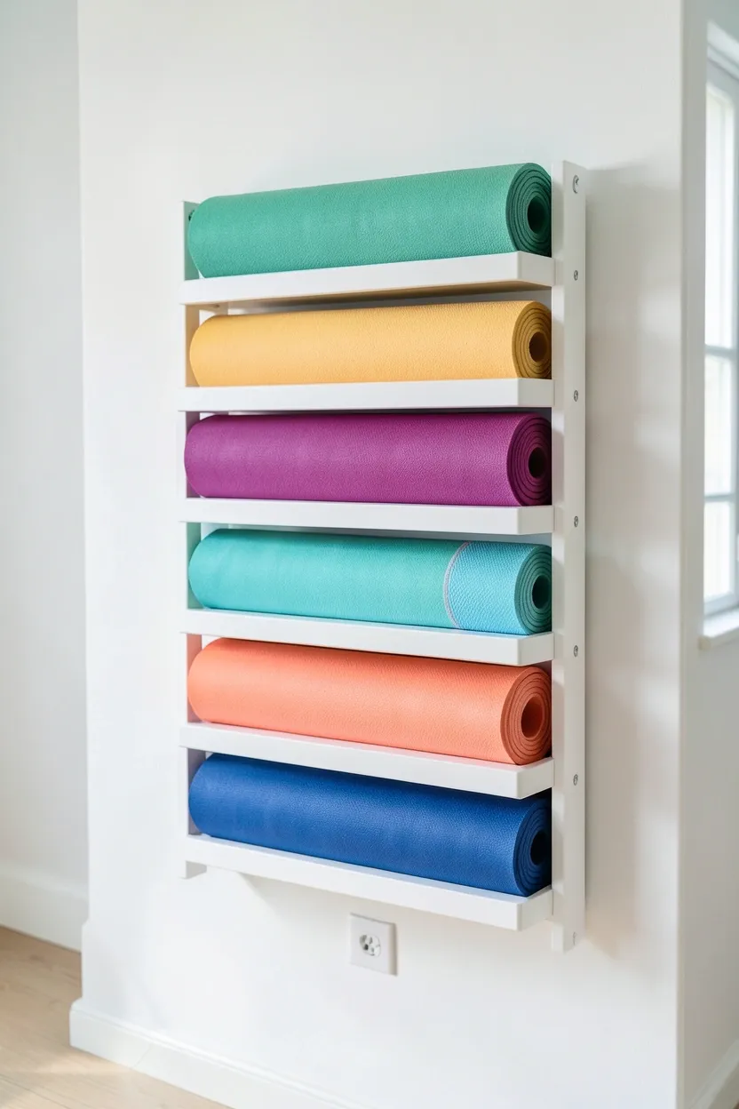 Wall-mounted folding exercise mat rack holding rolled yoga mats and foam rollers off the floor — renter-friendly vertical mat storage for home gyms