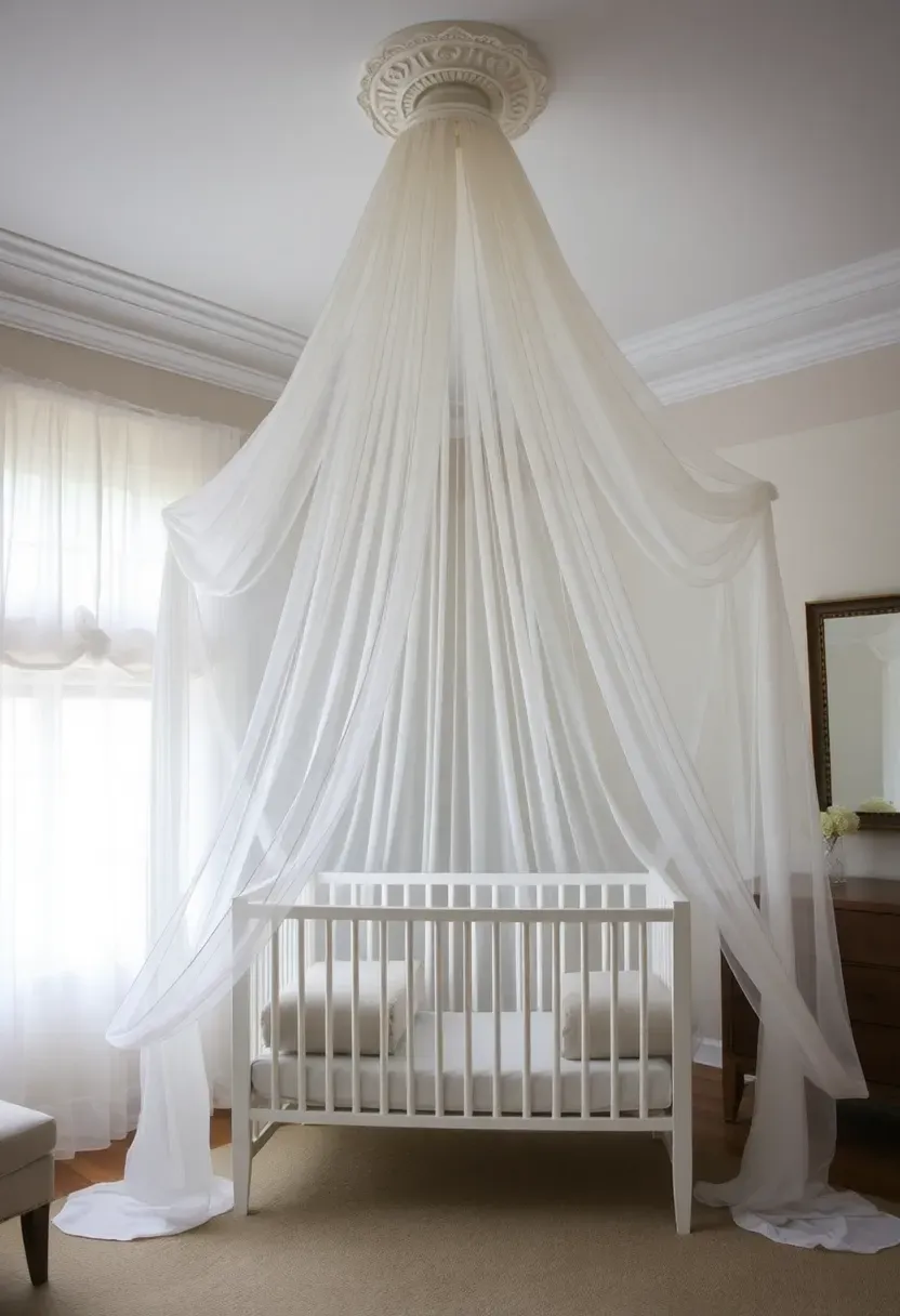 Billowing sheer canopy suspended from ceiling over a crib defining a dreamy nursery zone in a high-ceilinged rental master bedroom