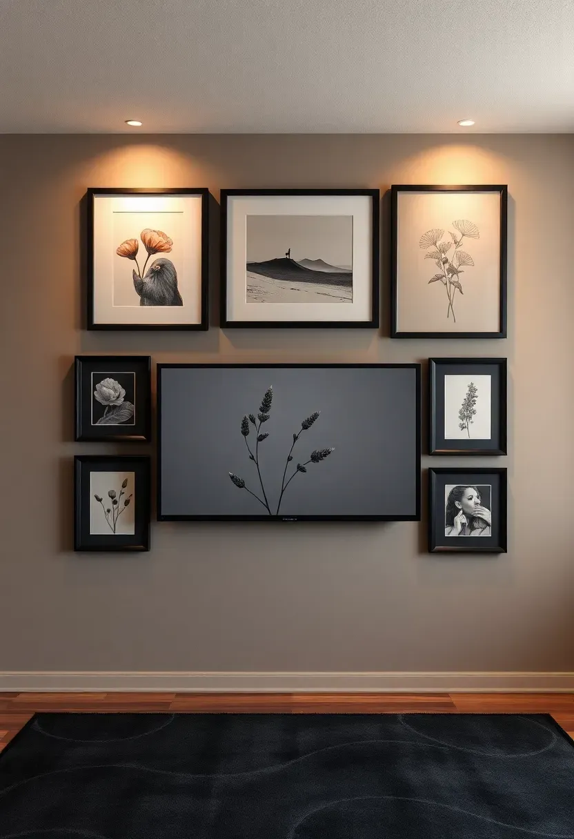 Gallery wall arrangement of framed art prints flanking a mounted TV in a basement den with coordinated dark frames
