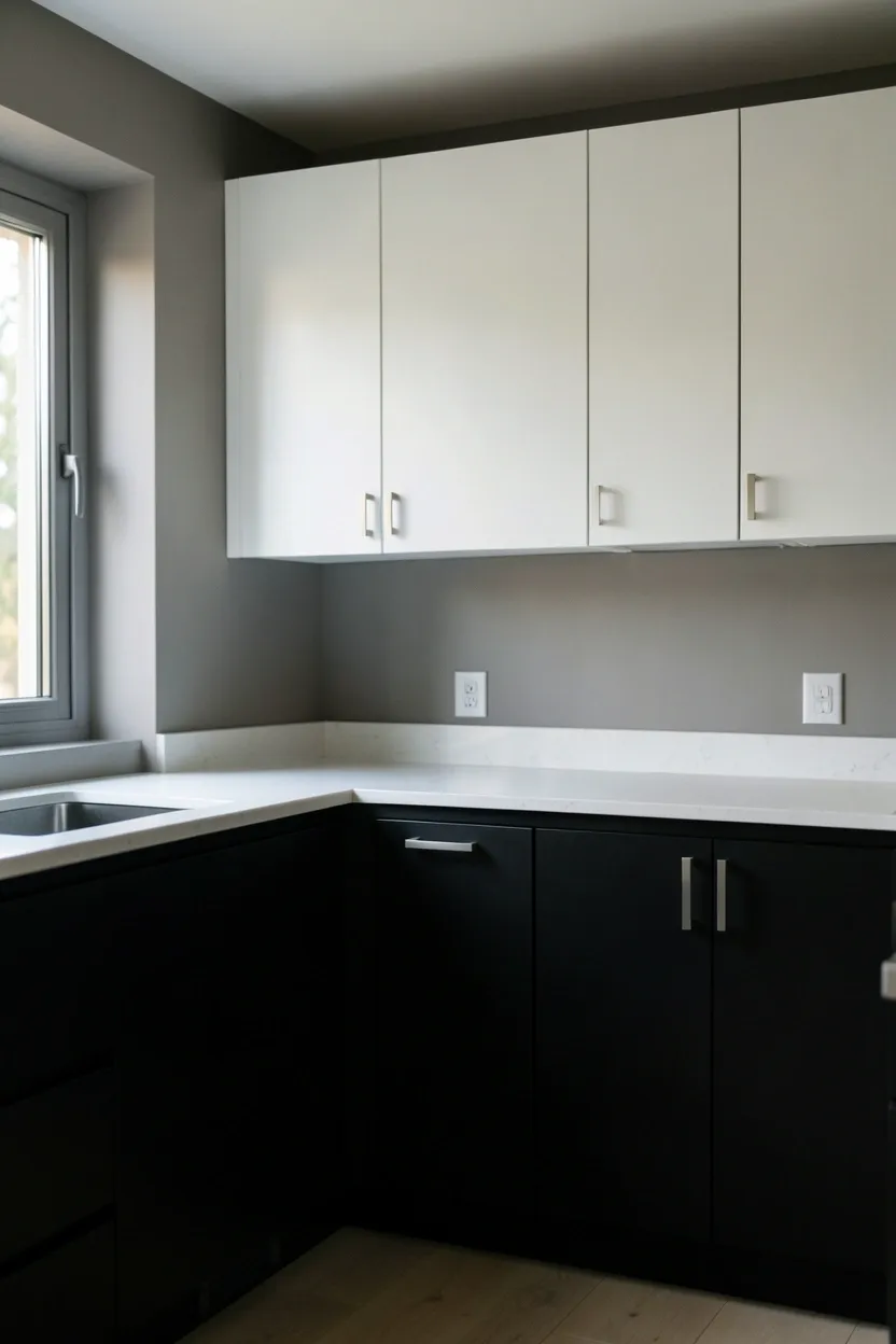 Hyper-realistic eye-level photograph of a modern kitchen with matte black lower cabinets, white upper cabinets, white quartz countertop. Walls in warm grey. Soft natural light from window. Materials: matte black finish, white quartz, brushed nickel hardware. Dramatic mood. Shallow depth of field, sharp details on cabinet fronts. No text, no logos, no watermarks.</p>
