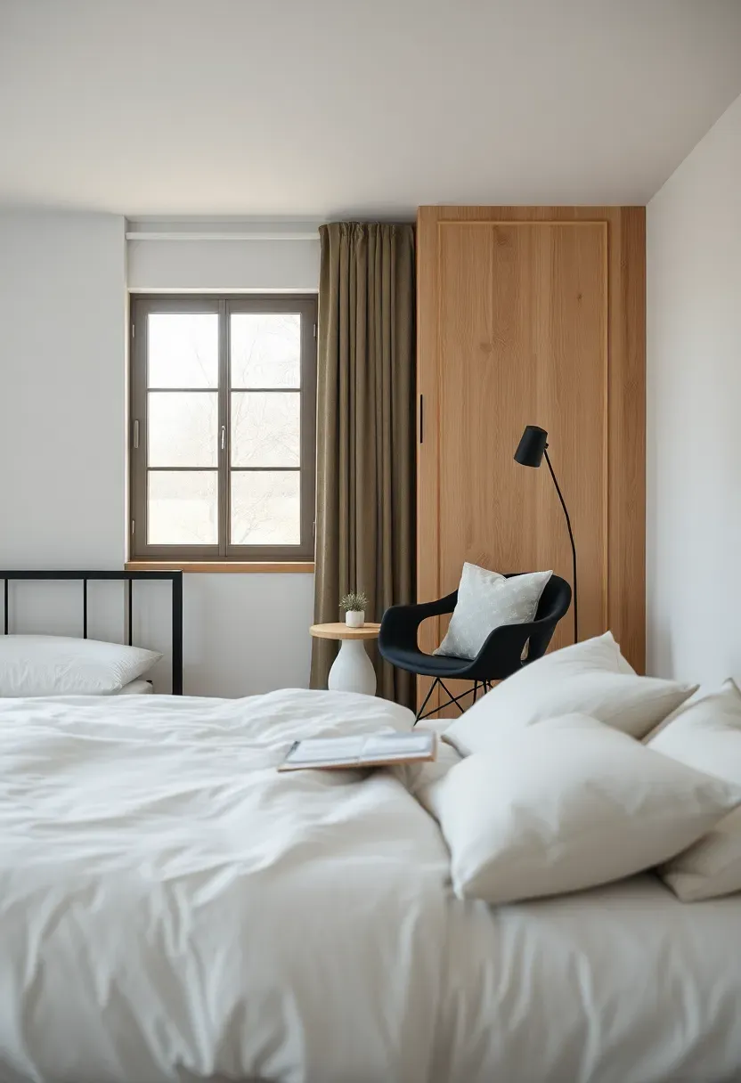 Monochrome reading nook that mirrors the bed