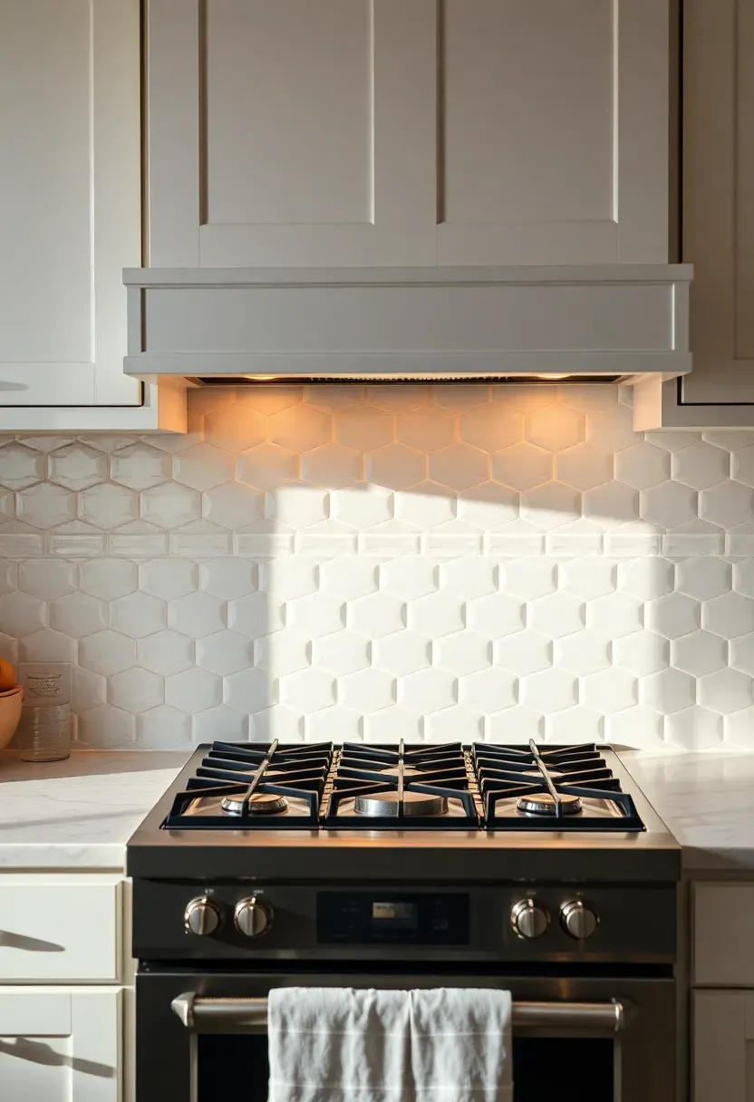 beveled edge white ceramic tile backsplash behind stove with deep shadow lines creating a three-dimensional surface effect