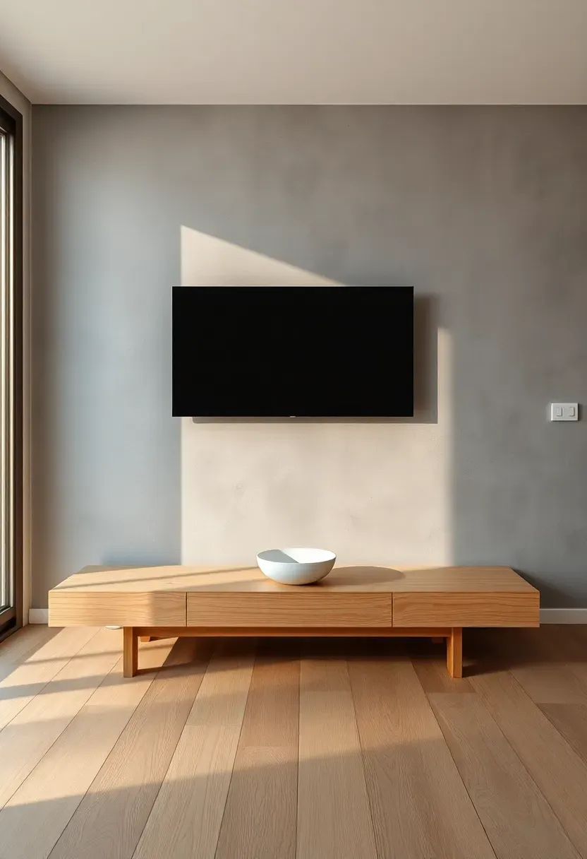 Modern minimalist living room with a smooth grey concrete microcement accent wall behind a wall-mounted TV and a low oak bench