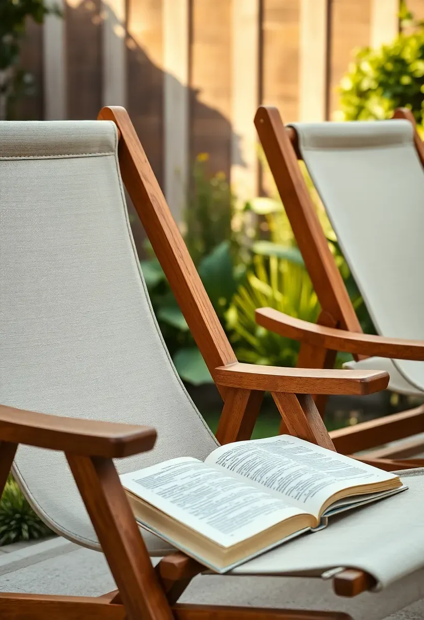 Two canvas sling chairs with wooden frames facing a backyard garden view, an open book resting on one armrest