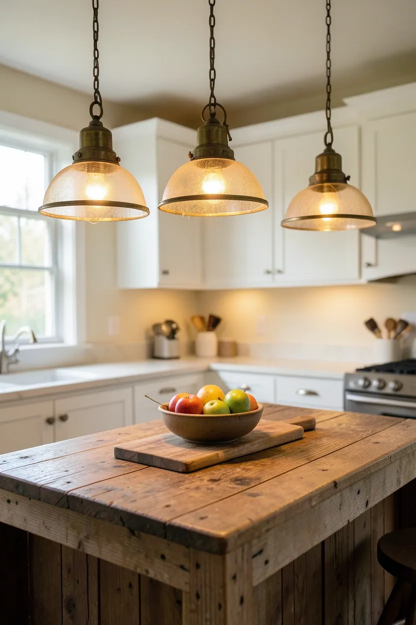 Hyper-realistic slightly elevated perspective of three vintage-inspired pendant lights hanging over a reclaimed wood kitchen island. Lights in aged brass with seeded glass shades, each at slightly different height for organic feel. Warm amber light visible through glass, casting soft golden glow on island below. Island in weathered wood with butcher block top holding bowl of fruit and cutting board. Creamy white walls and white shaker cabinets in background. Natural daylight from windows mixing with warm artificial light. Materials: aged brass, seeded glass, reclaimed wood, walnut. Warm cozy rustic mood. Visible dust on light fixtures, slight wear on island surface. No text, no logos, no watermarks.</p>