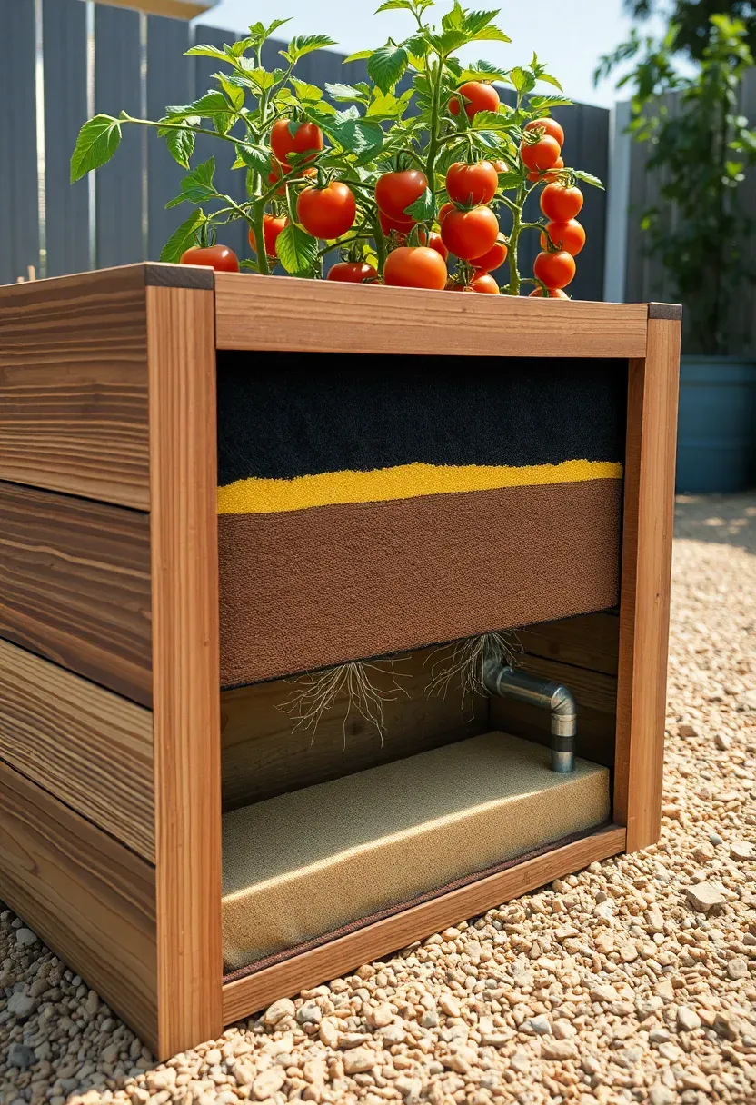 Wicking raised garden bed with a visible water reservoir chamber at the base, built from composite lumber, shown in a dry sunny backyard landscape with gravel surroundings