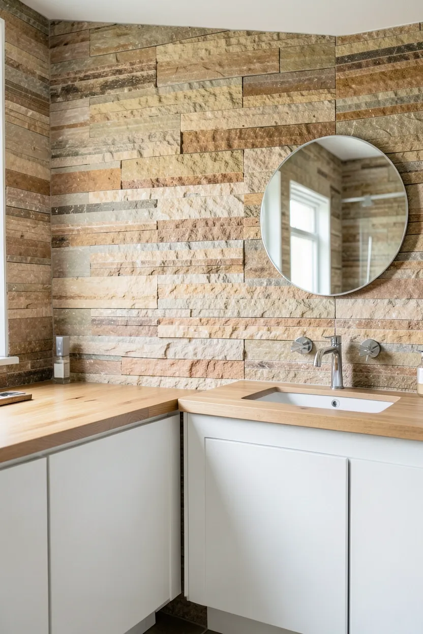 Hyper-realistic eye-level photograph of a modern earthy bathroom wall showing sandstone cladding with natural layered sedimentary texture and variations in warm beige and brown tones, white vanity with wood countertop, chrome faucet, small round mirror. Natural light highlighting stone layers. Materials: natural sandstone cladding, wood countertop, chrome fixtures, white painted vanity cabinet. Warm earthy sandstone wall. Natural layered texture. No text, no logos, no watermarks.</p>