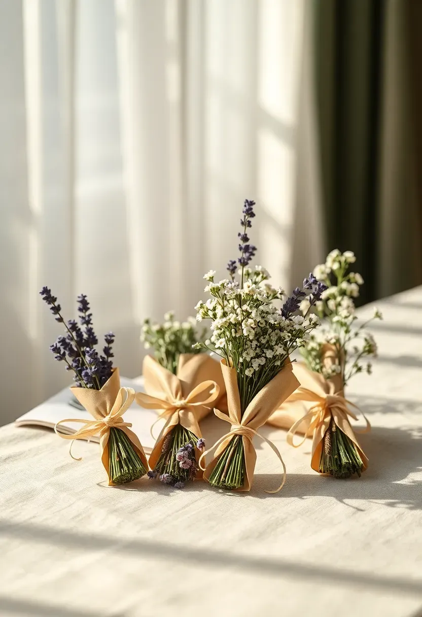 small dried flower bundles wrapped in kraft paper with thank you tags for baby shower