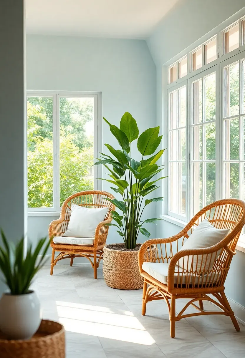 peaceful sunroom painted in soft horizon blue with rattan furniture and potted palms
