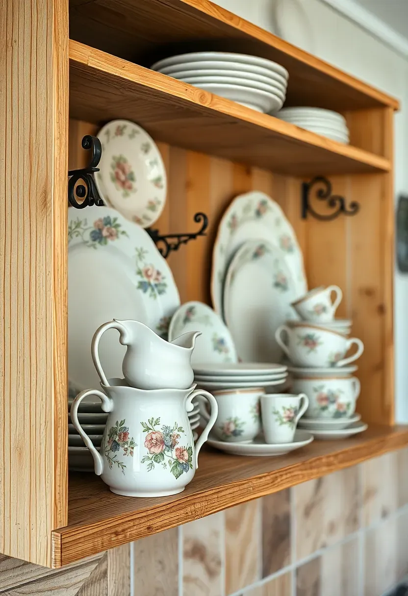 Reclaimed wood open shelves with mismatched vintage dishware — floral teacups, ironstone pitchers, and transferware plates — displayed on ornate cast iron corbel brackets in a cottage kitchen