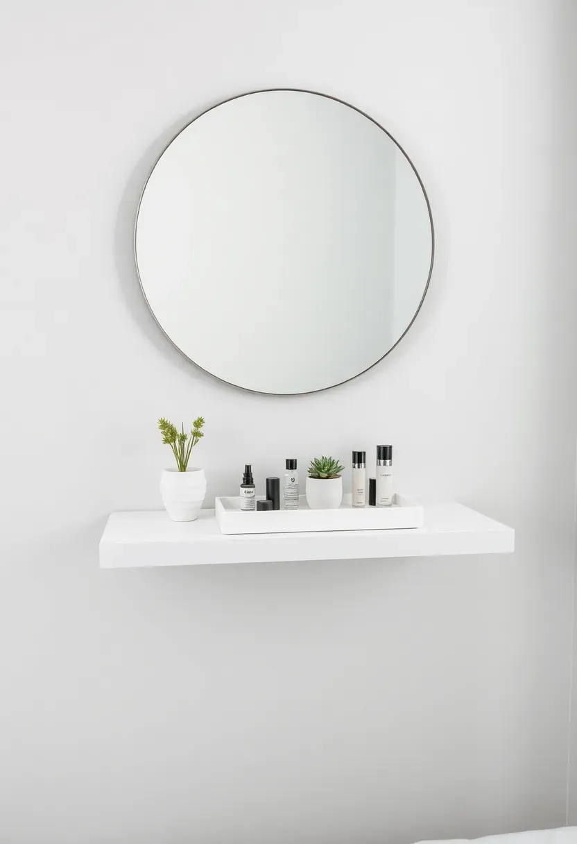 minimalist floating white vanity shelf with round mirror — renter-friendly small bedroom makeup vanity idea