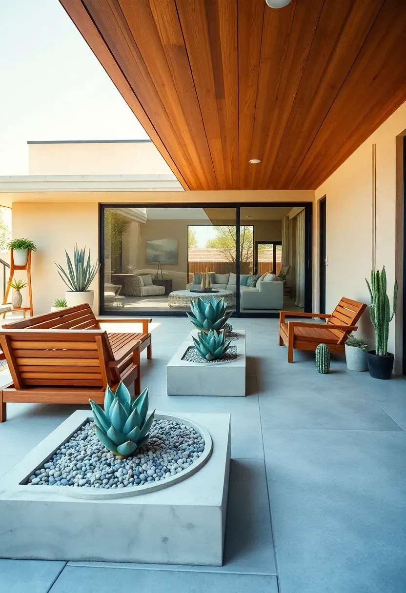 Mid-century modern patio with clean-line teak furniture, geometric concrete planters, a kidney-shaped planter bed, desert landscaping, and an overhanging flat roofline