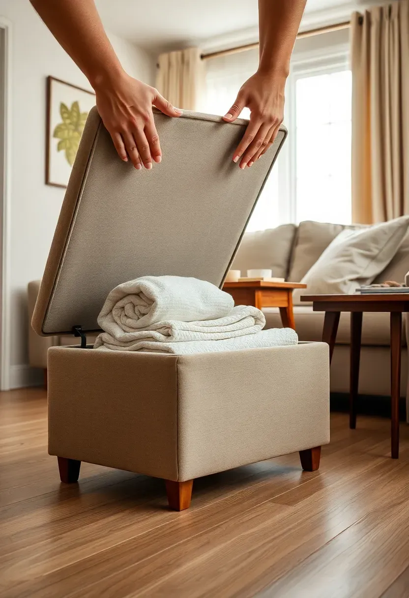 Hands lifting the lid of a linen storage ottoman in a small living room to reveal blankets stored inside, with a nesting coffee table set visible nearby