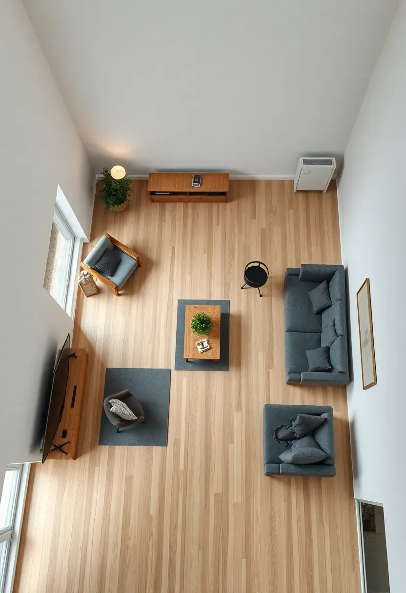 Hyper-realistic overhead view of open-plan minimalist living space showing distinct activity zones — reading nook with armchair and lamp in corner, work zone with small desk, lounging area with sofa, clear pathways between zones, light oak floor continuous throughout. Materials: white walls, oak furniture, gray upholstery. Natural light, organized functional mood. Clear zone separation, shallow depth of field, no text, no logos.</p>