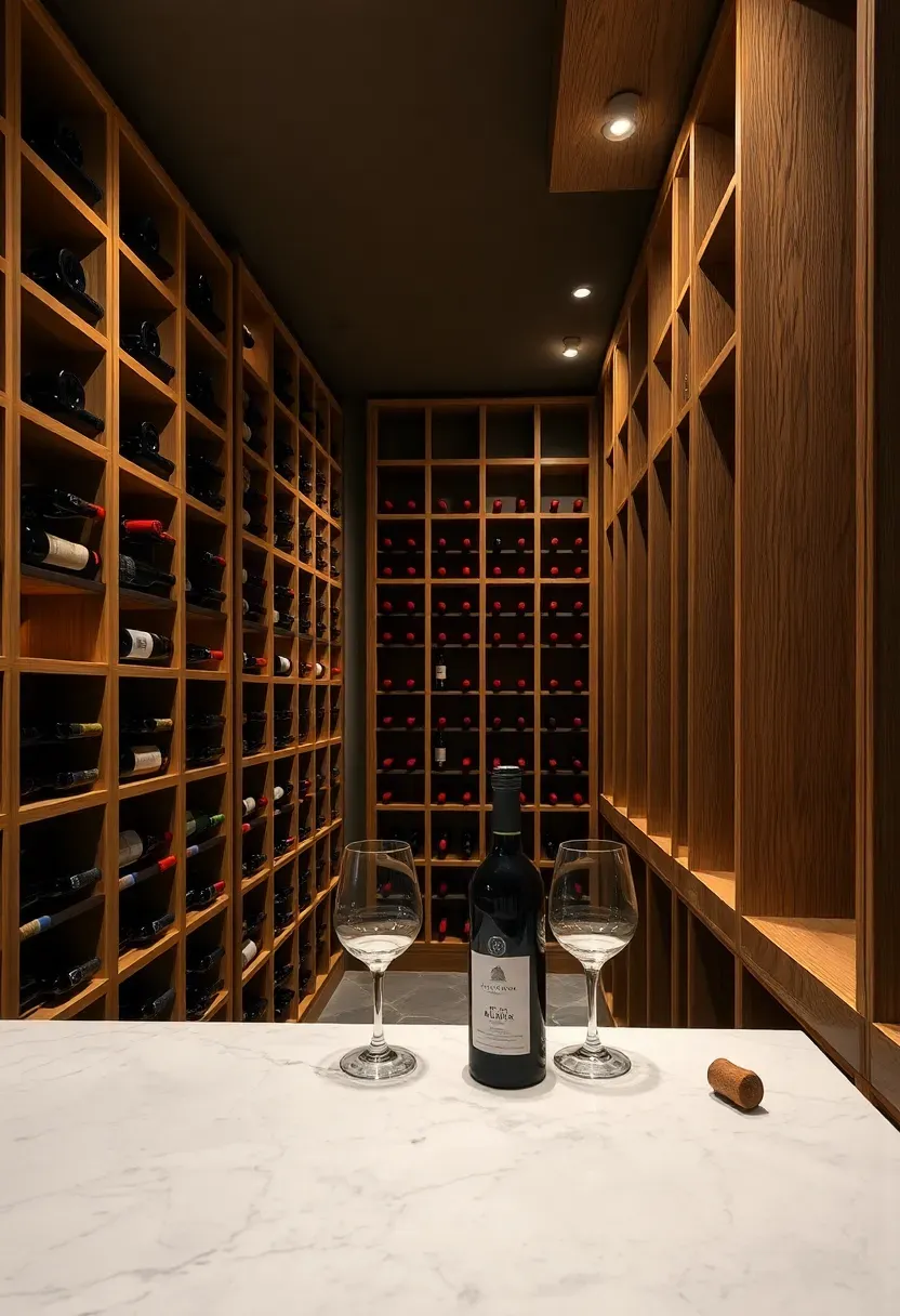 Basement wine bar with floor-to-ceiling racking, marble tasting counter, and soft ambient lighting highlighting the bottles