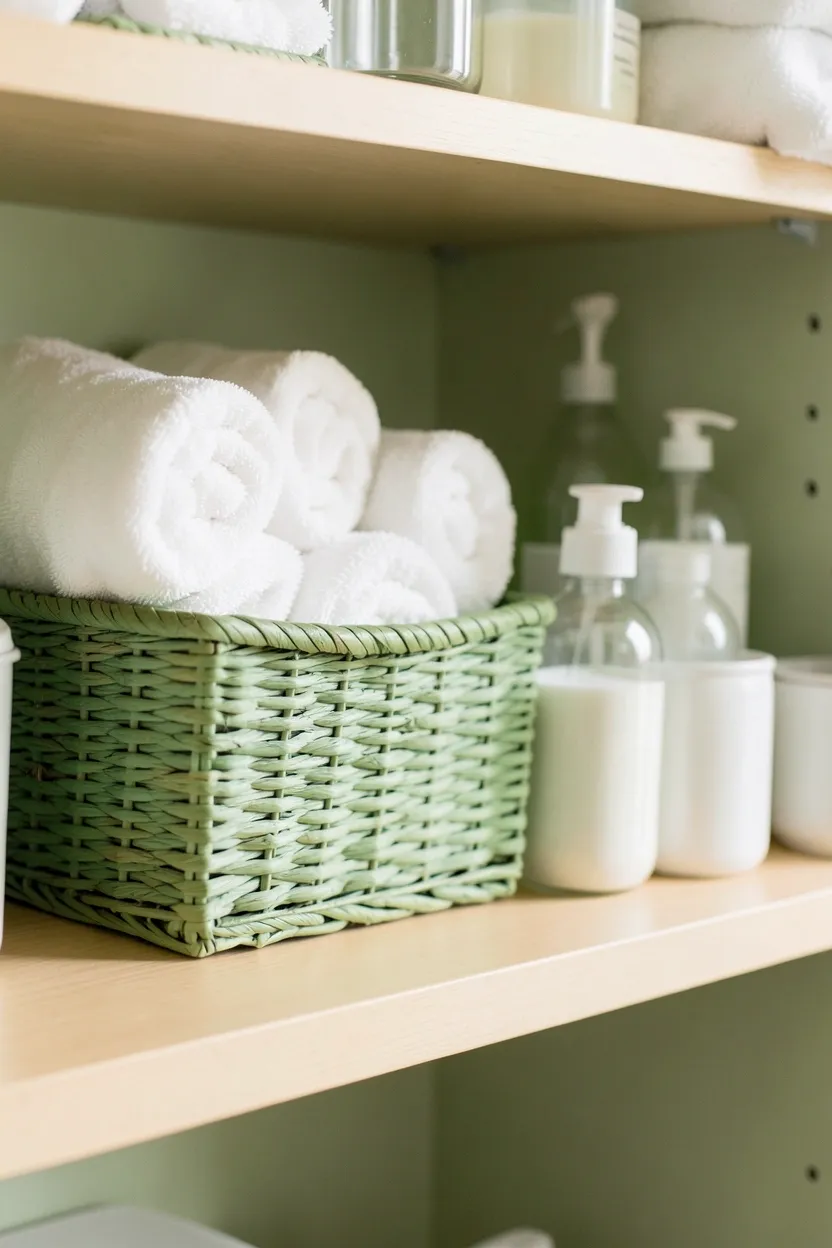 Small apartment bathroom with pea green woven baskets and fabric storage bins on white floating shelves, keeping towels and toiletries organized