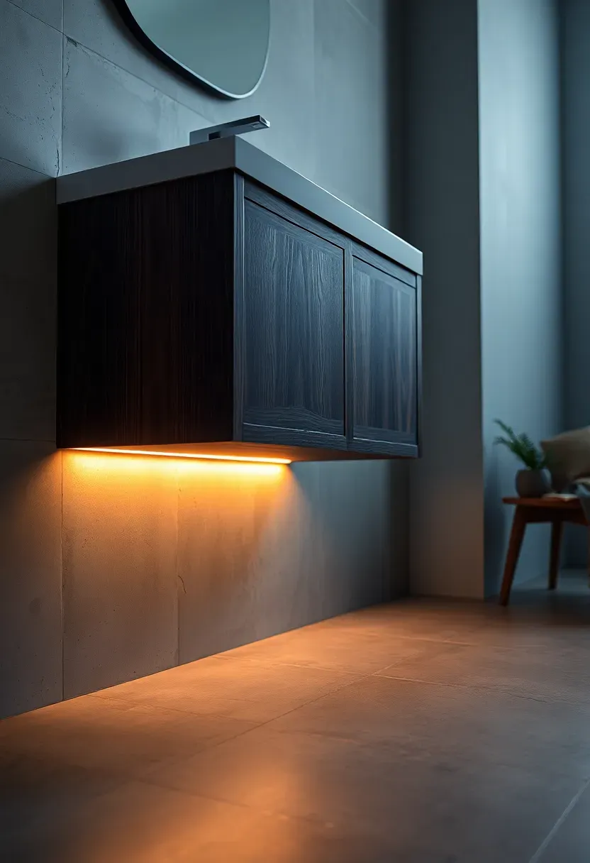 Floating wooden bathroom vanity with a warm white LED light strip glowing underneath it along the floor edge