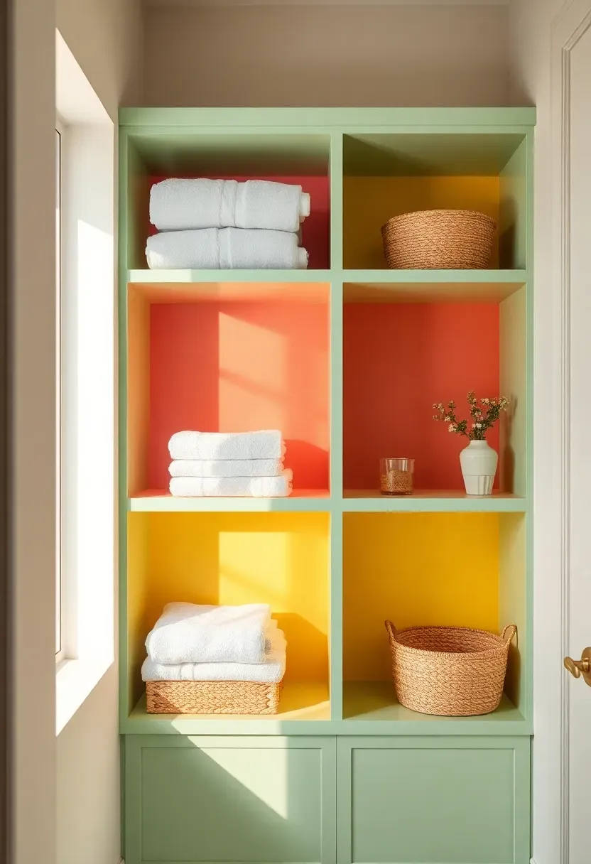 Recessed bathroom shelves painted in coral and mint green displaying rolled towels and decorative items