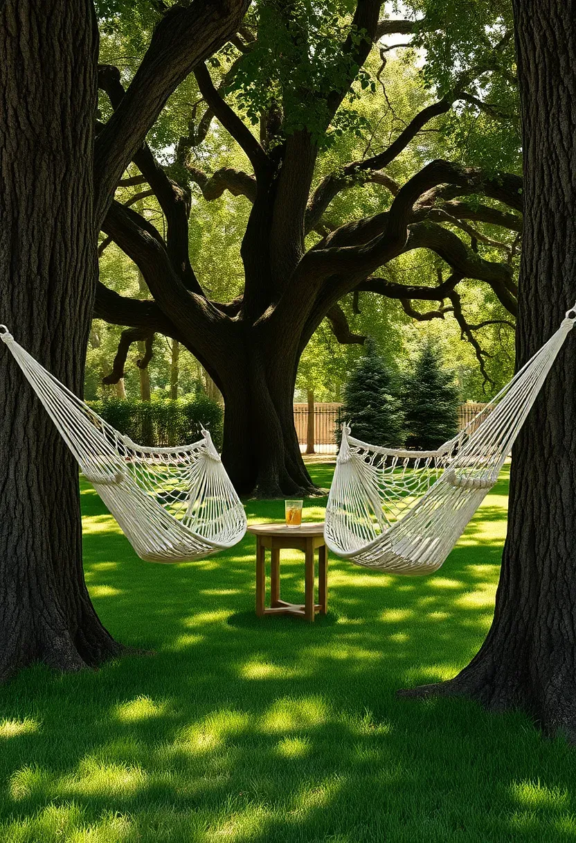 Two hammocks hung between mature live oak trees in a shaded Texas backyard with dappled sunlight, green grass, and a lazy afternoon atmosphere