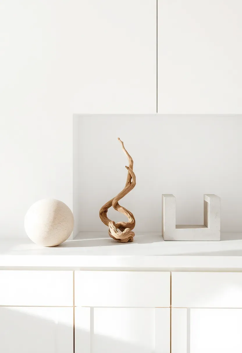 Minimalist sculptural objects in travertine and concrete above sleek kitchen cabinets