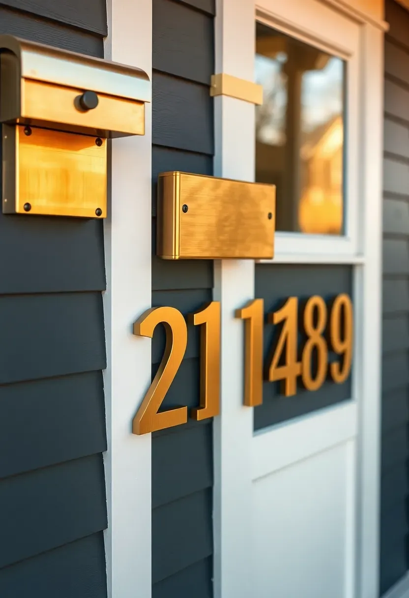 Ranch home mailbox and address number upgrade with brushed brass wall-mounted mailbox and large house numbers