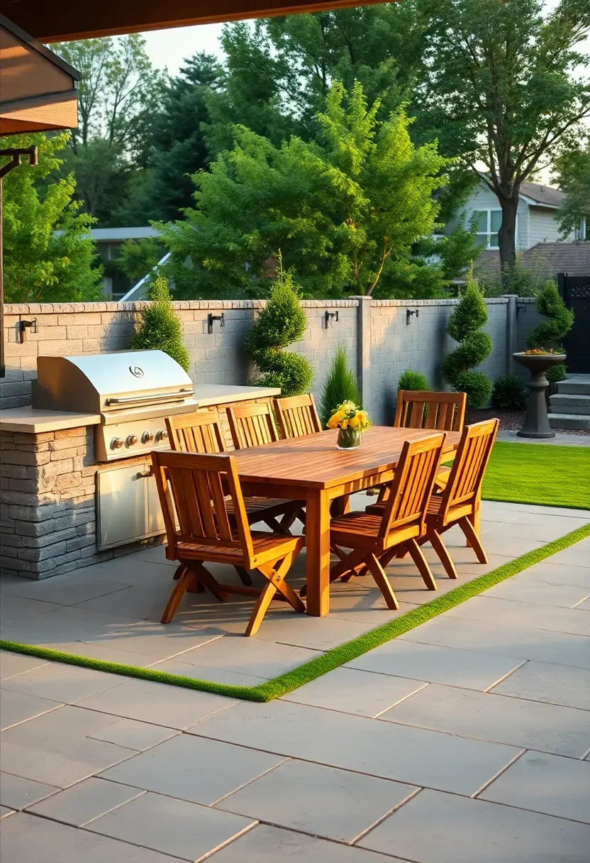 An outdoor kitchen with a built-in grill and stone countertop on a paver pad transitioning to green artificial turf where an outdoor dining table sits