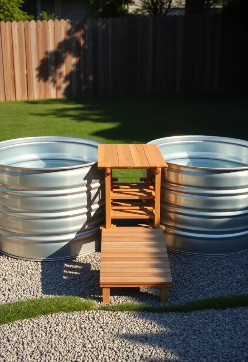 Two stock tank pools of different sizes connected by a small wooden bridge deck with one pool at a higher elevation than the other