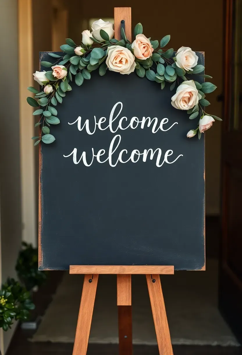 rustic chalkboard welcome sign framed by a eucalyptus and rose wreath at a baby shower entrance with hand-lettered calligraphy and wooden easel
