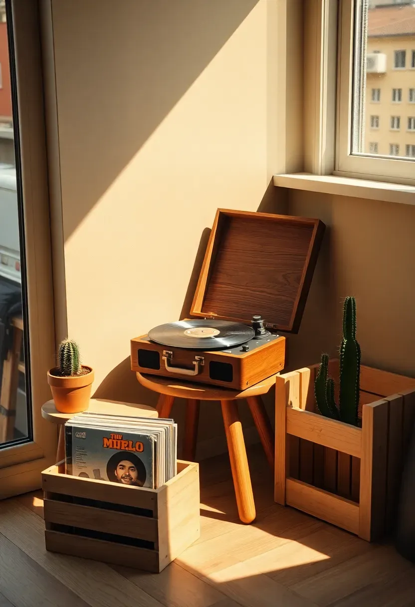 Corner of an apartment sunroom with a compact portable record player on a low wooden stool, a wooden crate of vinyl records beside it, a small potted cactus, and warm afternoon light catching dust particles in the air