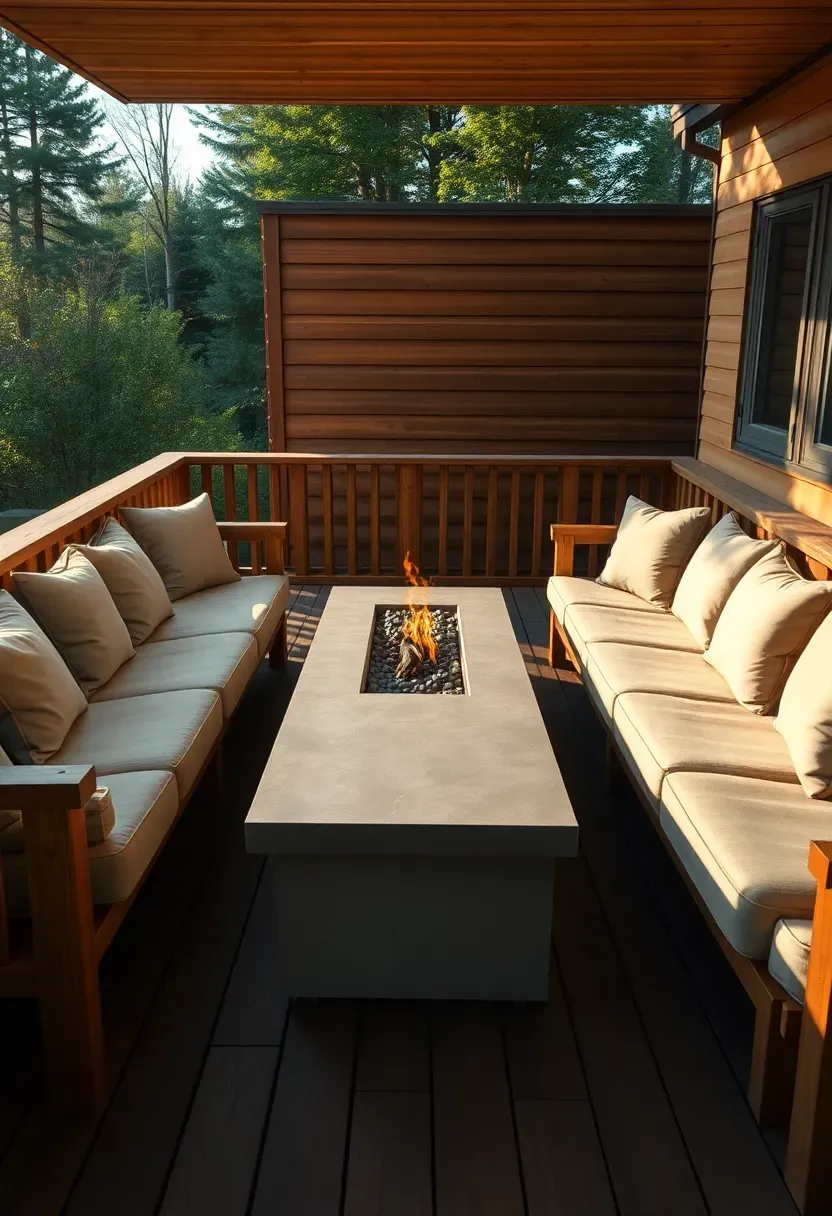 back deck with continuous built-in wooden bench seating along two sides, thick outdoor cushions in neutral tones, and a rectangular fire table in the center